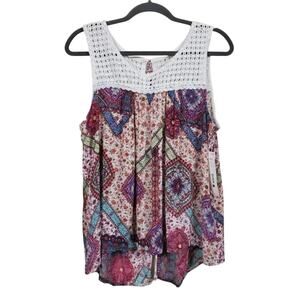 Aqua Crochet Mixed Media Sleeveless Blouse White Multi Boho Women Size M NEW